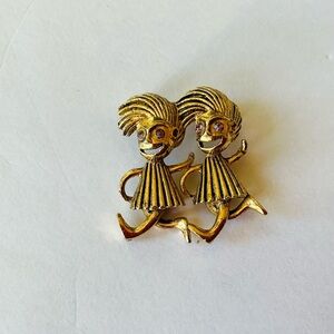 Vintage Gold-Toned Figural Twins,Playful Brooch